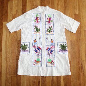 Vintage Handmade Mexican Embroidered Button Up Tunic Shirt Unisex S/M